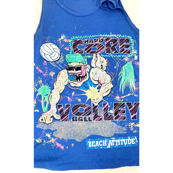 Vintage 90s Beach Attitude Hard Core Volleyball Tank Top Single Stitch - Picture 2 of 16